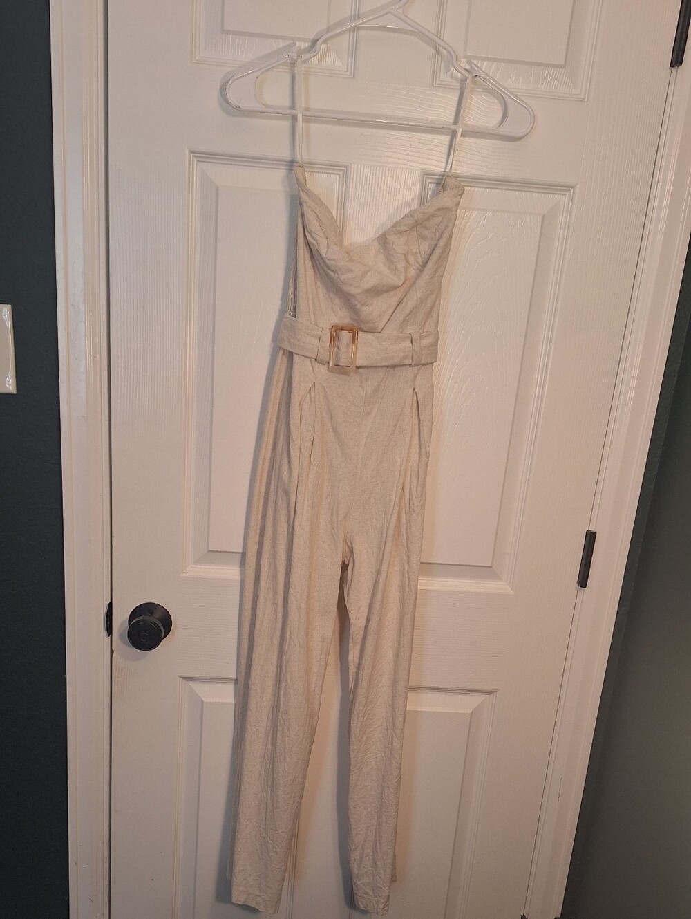 Women’s Cream Belted Linen-Blend Jumpsuit